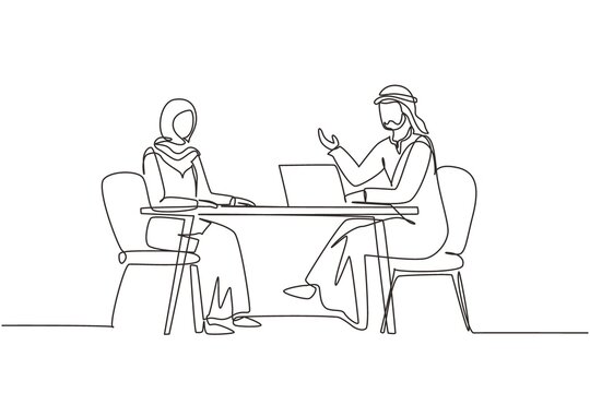 recommend clip art: Continuous one line drawing Arabian man journalist interviewing girl at desk. Live stream, tv show. Journalist talking to guest. Broadcaster news at studio. Single line draw design vector illustration