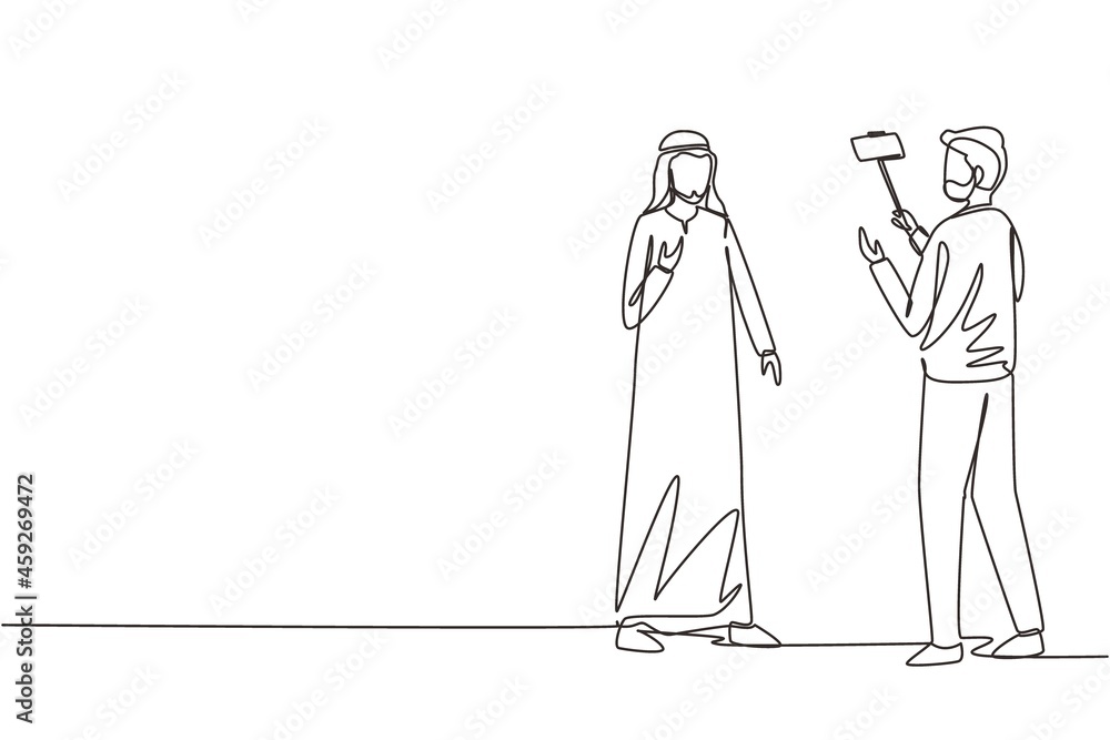 Poster single continuous line drawing arab presenter filming video blog with operator. man blogger, journal