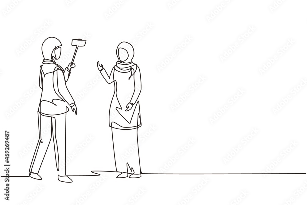 Poster continuous one line drawing professional shooting team record video interview for vlog with smartpho