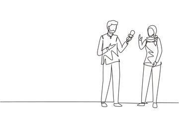 Continuous one line drawing Arabian male tv reporter interviewing questions. Man holding an interview with woman, professional journalist in conversation. Single line draw design vector illustration