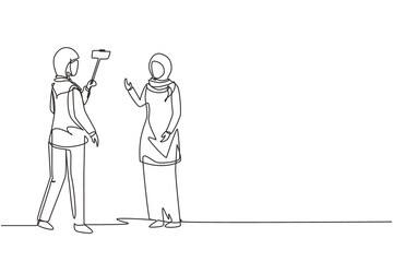 Continuous one line drawing professional shooting team record video interview for vlog with smartphone, monopod stick. Arab woman journalist as news anchor. Single line draw design vector illustration