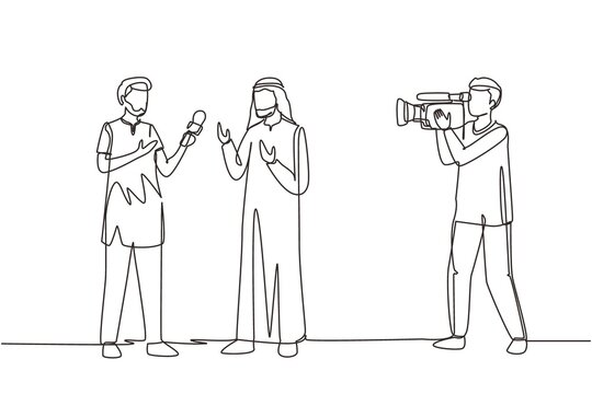 Single continuous line drawing Arab journalists take interview. TV host or reporter, cameraman questioning Arabian man. Broadcasting reportage with cameraman. One line draw design vector illustration