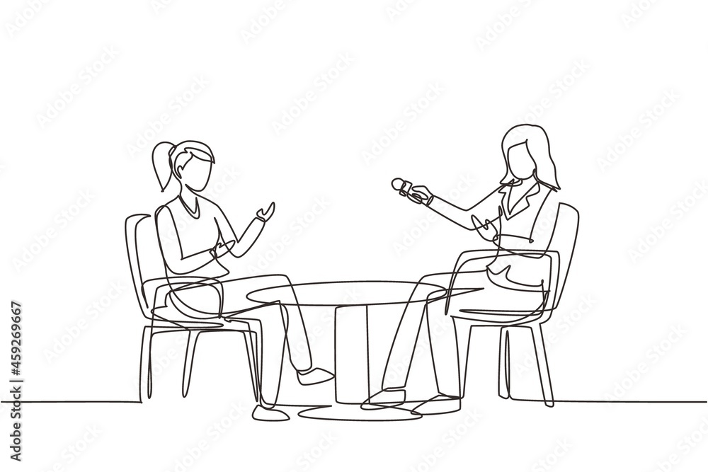Poster continuous one line drawing talk show studio with interviewing, discussing hosts. people recording t