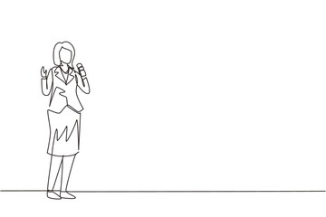 Single one line drawing journalist woman. Beautiful lady reporter holding microphone. News anchor broadcasting the news with a reporter. Modern continuous line draw design graphic vector illustration