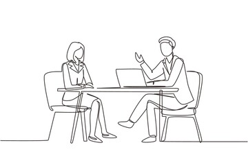 Continuous one line drawing interview. Live stream, tv show camera crew. Journalist talking to guest. Broadcaster news at tv studio, vlogging. Single line draw design vector graphic illustration