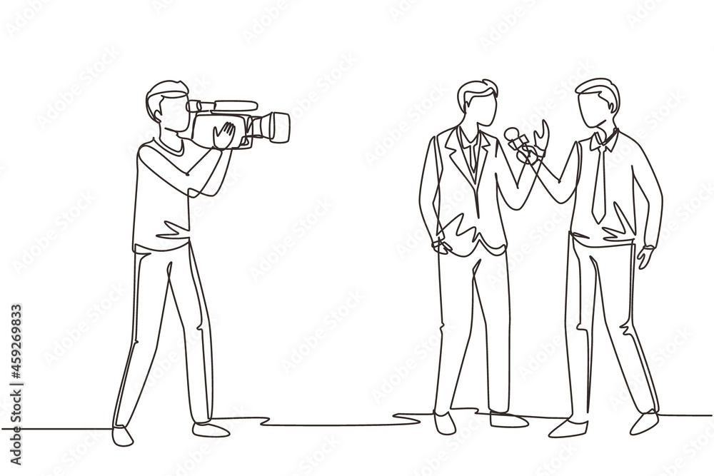 Poster single one line drawing journalists take interview. tv host or reporter and cameraman questioning ma
