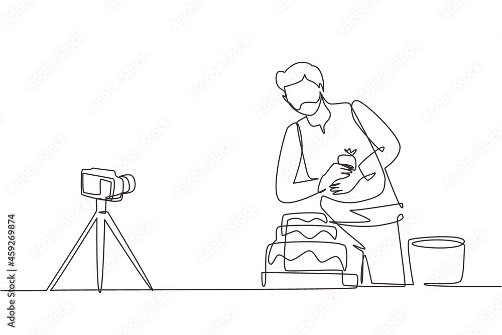 Poster single one line drawing food blogger creating content. arab man shooting cooking video using camera 