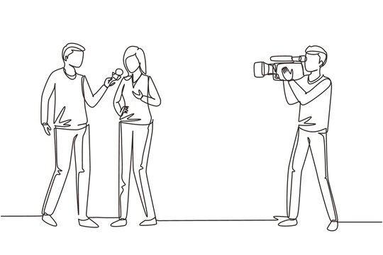 Single continuous line drawing journalist, operator interview television program or news. TV host, reporter, cameraman questioning woman. Video recording show broadcasting. One line draw design vector