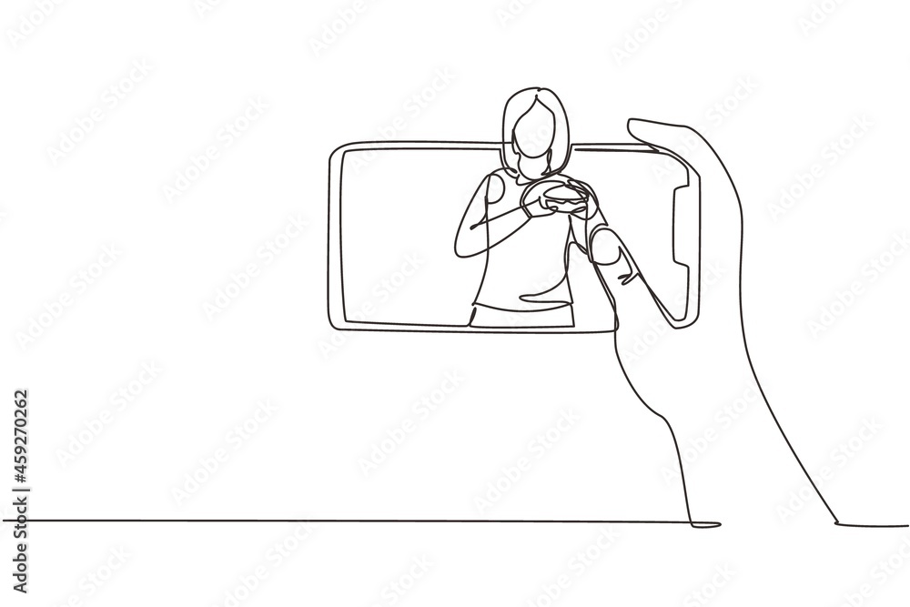 Aufkleber continuous one line drawing woman food blogger eating burger while creating new content video for he