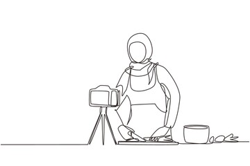 Continuous one line drawing food blogger. Chef cooking, recording video using camera. Online channel, streaming. Arab woman teaches cooking new recipe. Culinary show. Single line draw design vector