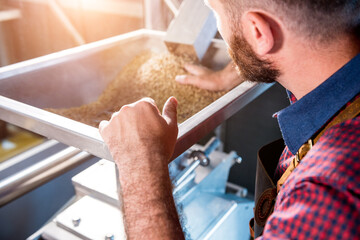 A young brewer in a leather apron controls the grinding of malt seeds in a mill at a modern brewery - obrazy, fototapety, plakaty