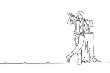 Obraz premium Single continuous line drawing woman lumberjack lean on wood log. Wearing shirt, jeans and boots. Holding on her shoulder a ax. Female lumberjack pose on logging forest. One line draw design vector
