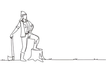 Single one line drawing woman lumberjack wearing plaid shirt, jeans, boots and beanie hat. Standing with ax and posing with one foot on a tree stump. Continuous line draw design vector illustration