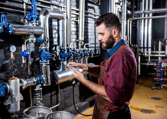 Young male brewer in leather apron supervising the process of beer fermentation at modern brewery factory