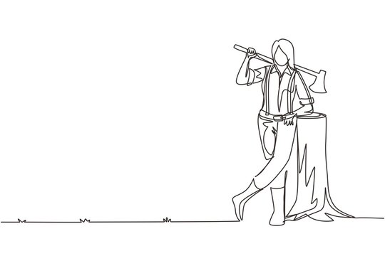 Single continuous line drawing woman lumberjack lean on wood log. Wearing shirt, jeans and boots. Holding on her shoulder a ax. Female lumberjack pose on logging forest. One line draw design vector