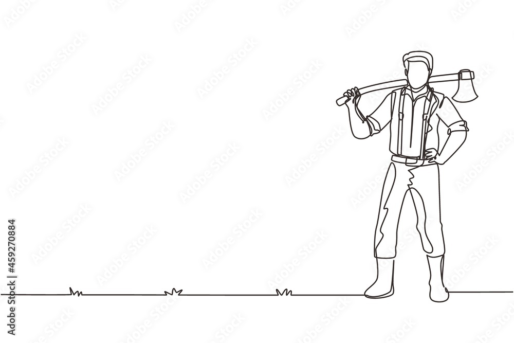 Poster single one line drawing lumberjack pose on the logging forest. lumberjack with axe and downed log, s