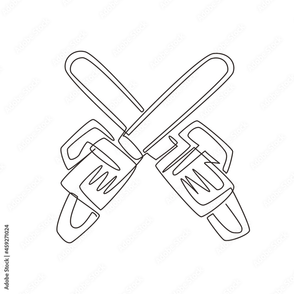 Poster continuous one line drawing crossed chainsaws isolated on white background. tool woodcutter symbol. 