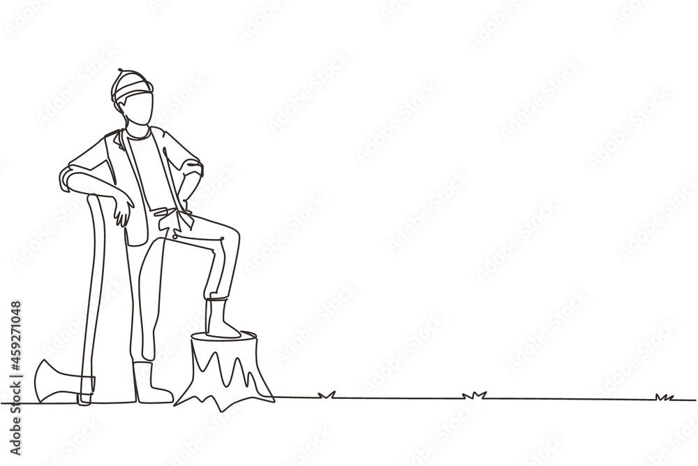 Poster single continuous line drawing smiling lumberjack wearing workwear and beanie hat, standing with axe