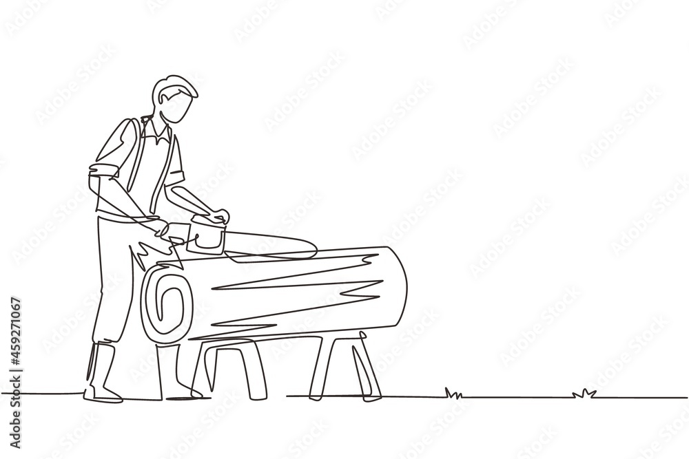 Poster continuous one line drawing sawmill concept. professional lumberjack cutting tree by chainsaw for fu