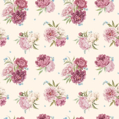 Beautiful vector seamless floral pattern with hand drawn watercolor gentle pink peony flowers. Stock illuistration.