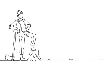 Single continuous line drawing smiling lumberjack wearing workwear and beanie hat, standing with axe and posing with one foot on a tree stump. Dynamic one line draw graphic design vector illustration