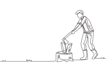 Continuous one line drawing woodman or lumberman in checkered shirt and sling pants chopping wood with ax on tree stump. Man with ax in his hands cuts tree. Single line draw design vector illustration