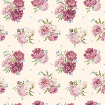 Beautiful vector seamless floral pattern with hand drawn watercolor gentle pink peony flowers. Stock illuistration. © zenina