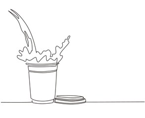Single one line drawing pouring coffee into paper cup causing splash. Coffee pouring into disposable paper cup and creating splashes. Modern continuous line draw design graphic vector illustration
