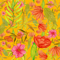 Fototapeta na wymiar Watercolor seamless pattern with flowers. Vintage floral pattern. Flower seamless pattern. Botanical art. Floral botanical collection. Wedding floral set. Watercolor botanical design. 