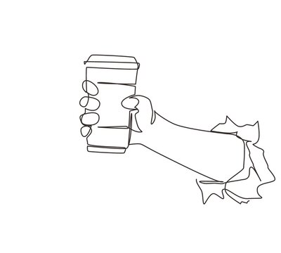 recommend clip art: Continuous one line drawing hand holding disposable paper black coffee cup through torn white paper. Energy boost, hot drink in take-away package. Single line draw design vector graphic illustration
