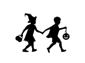 black silhouettes children in halloween witch costumes hold hands and go to the party 