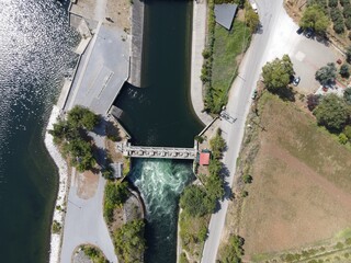 Aerial View Hydroelectric Station Of  Aliacmon River Artificial Lake In Agia Varvara Near Veria City Imathia Greece, Macedonia.