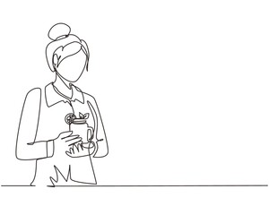 Single continuous line drawing young woman teacher hand holding mug of orange juice at office in morning daylight. Leisure time before start teaching at university. One line draw graphic design vector