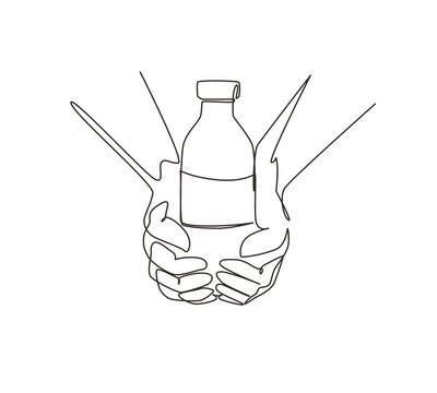 Single one line drawing hands hold glass bottles of plant based lactose free milk, has healthy nutrition. Non dairy alternative beverage. Modern continuous line draw design graphic vector illustration