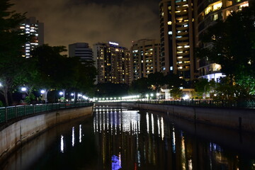 Fototapeta na wymiar Town by Night, Water Canal and River, Tiong Bahru Town, Singapore