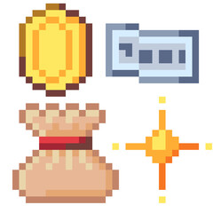 Obraz premium Pixel Illustration of Coins and Money