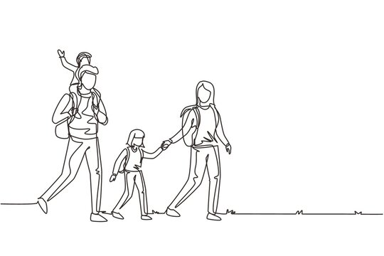 Continuous one line drawing hiking family with two children. Group of people with backpacks on mountain landscape. Mom, dad, son and daughter. Family time. Single line draw design vector illustration