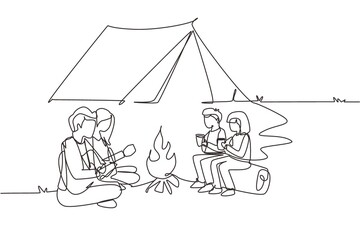 Fototapeta na wymiar Continuous one line drawing tourist family camping with campfire and drinking hot tea. Kids sitting on logs. Dad playing guitar and sit on ground with mom. Single line draw design vector illustration