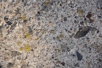 Textrured background of old uneven stone covered with multicolored spots in daylight