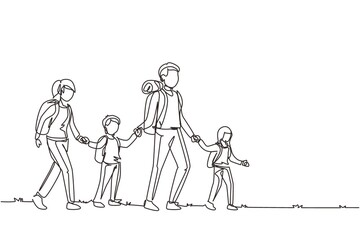 Single one line drawing happy family traveling together in mountains. Father, mother and children hiking, holiday and camping with backpack at nature. Continuous line draw design vector illustration