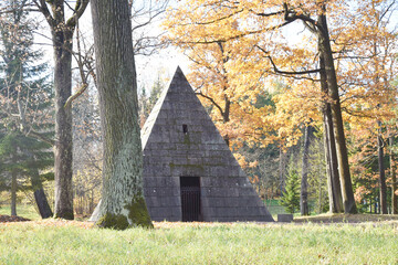 Saint Petersburg, Russia - october, 15, 2019. Pyramid in Tsarskoye Selo in autumn forest in sunlight