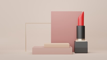 3d Display Podium for product and cosmetic presentation with lipstick and modern geometric. Platform for mock up and showing brand. Minimal clean design. Rendering platform luxury scene.