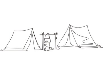Continuous one line drawing camping composition with two tents fire cool box on white background. Trees, night sky, adventure, nature, trip, travel. Single line draw design vector graphic illustration - Powered by Adobe