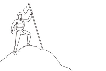 Single continuous line drawing backpacker, hiker, man traveller or explorer standing, holding flag and looking at nature. Hiking, backpacking, adventure tourism and travel. One line draw design vector