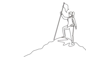Un seul dessin au trait femme grimpeur debout au sommet de la montagne avec drapeau. Jeune alpiniste souriant escalade sur rocher. Voyage de tourisme d& 39 aventure. Illustration vectorielle graphique de conception de dessin au trait continu