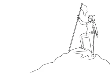 Cercles muraux Une ligne Un seul dessin au trait femme grimpeur debout au sommet de la montagne avec drapeau. Jeune alpiniste souriant escalade sur rocher. Voyage de tourisme d& 39 aventure. Illustration vectorielle graphique de conception de dessin au trait continu