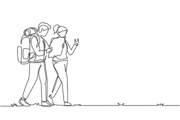 Continuous one line drawing couples hiking man woman with backpack and map is traveling in outdoor. Trekking, exploration, hiking tours. Tourism, adventures in nature. Single line draw design vector