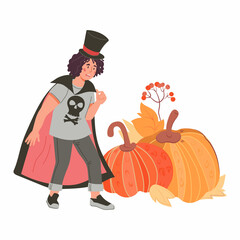 Halloween decorative element with child in costume of vampire Dracula and  pumpkin, flat cartoon vector illustration isolated on white background. Halloween children character.