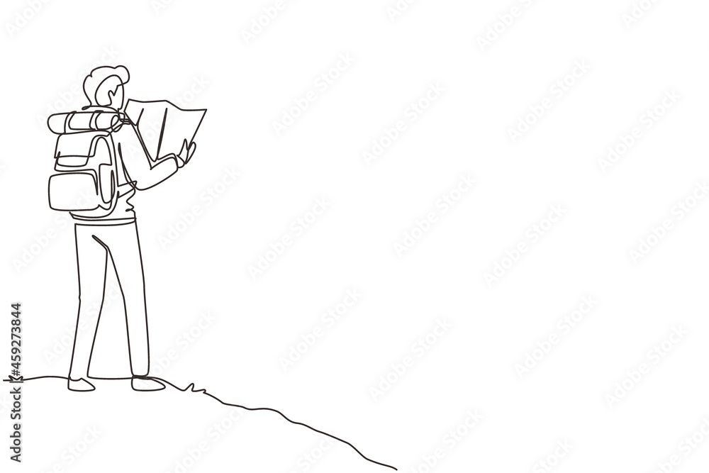 Poster single continuous line drawing man hiker with backpack and map hiking in mountains or forest and exp