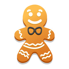 Gingerbread man with a black bow tie on a white background 

